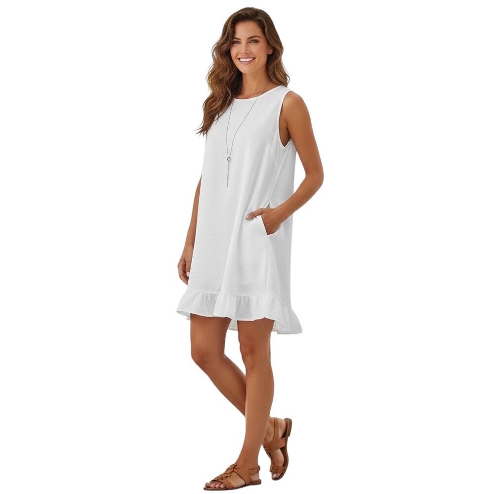 Shopin LA White Mini Shift Dress Ruffle Hem Pockets NWT Coastal Summer Party L